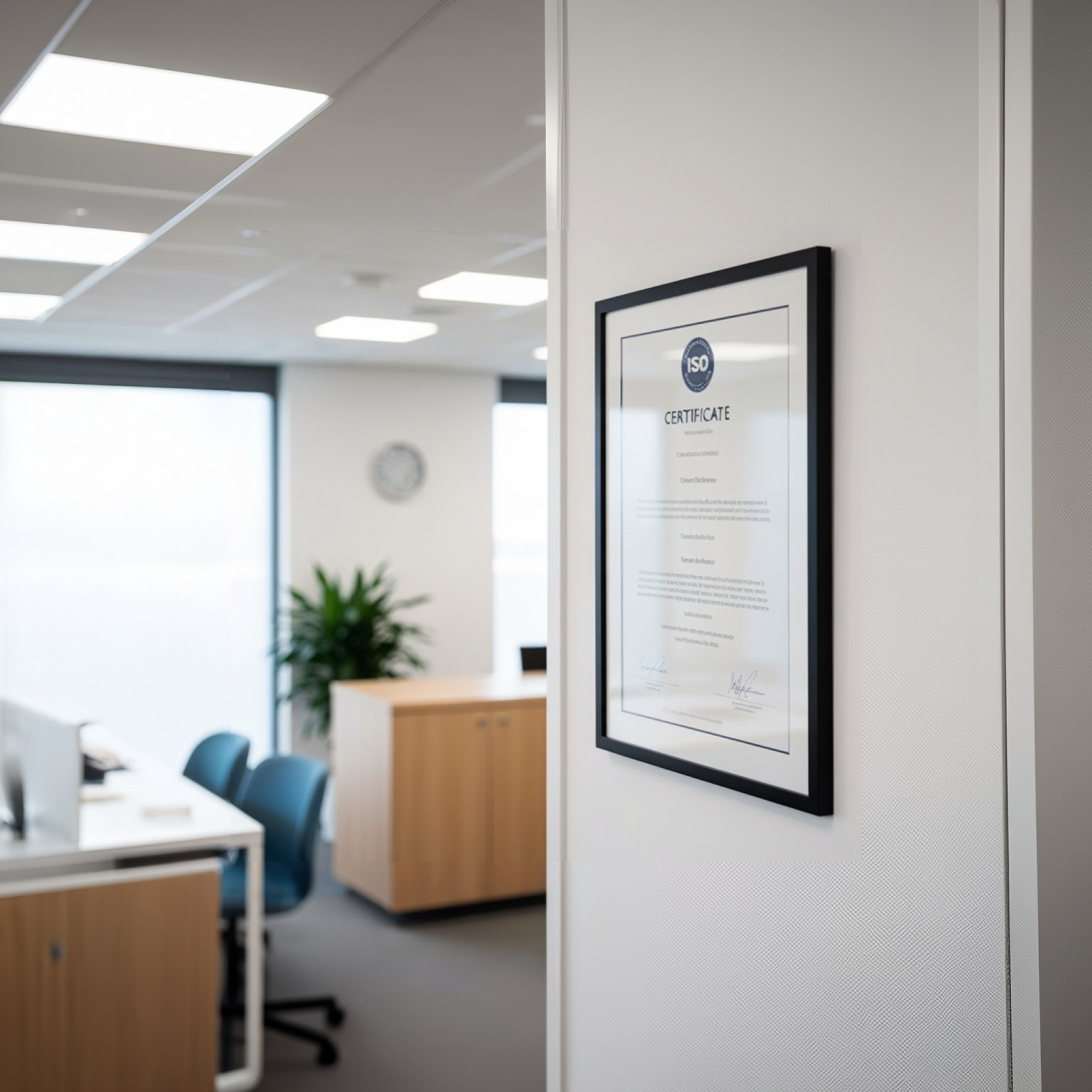 Framed ISO certificate on an office wall