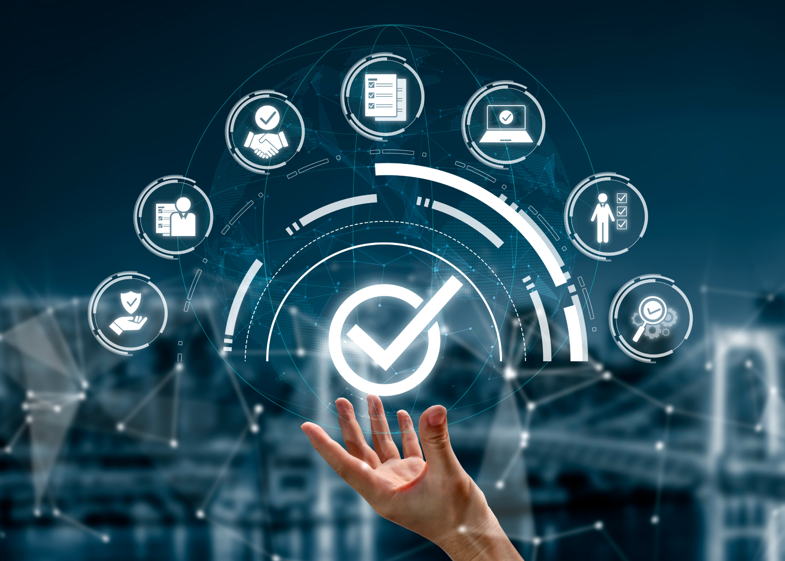 Hand presenting a network of quality-assurance and certification icons